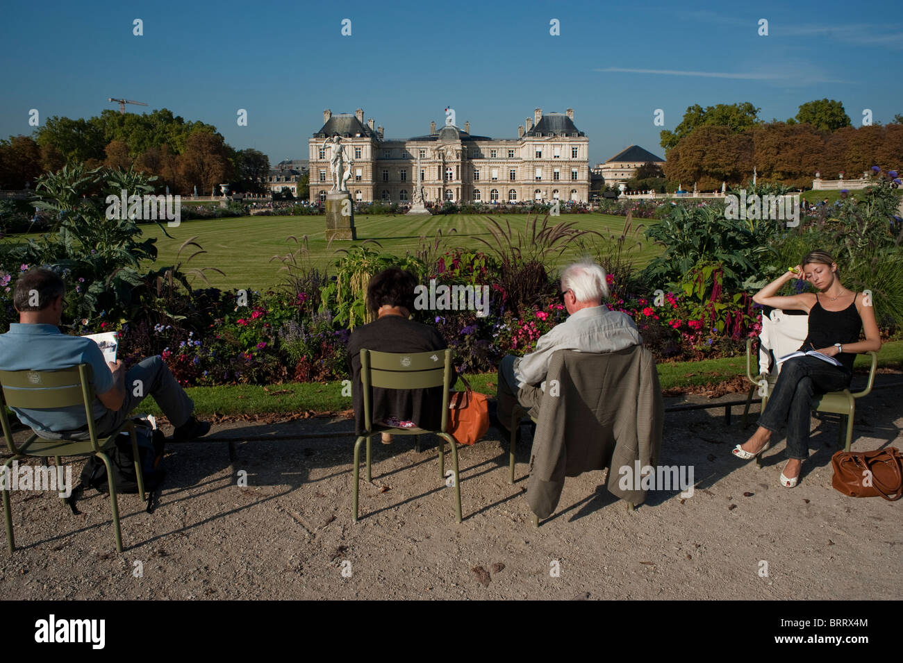 Paris, France, gens dans les jardins du Luxembourg, assis dans des chaises par derrière, dans le parc de la ville, jardins du Luxembourg, jardin urbain paysagé, biodiversité urbanisation Banque D'Images