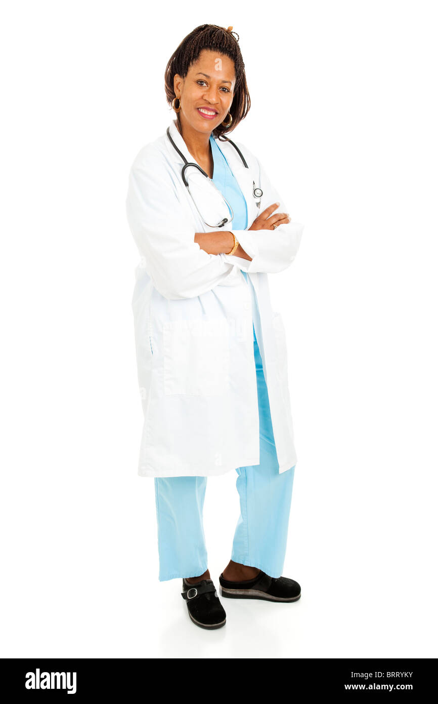 Belle African American female doctor in a labcoat. Isolé de tout le corps. Banque D'Images Belle African American female doctor in a labcoat. Isolé de tout le corps. Banque D'Images