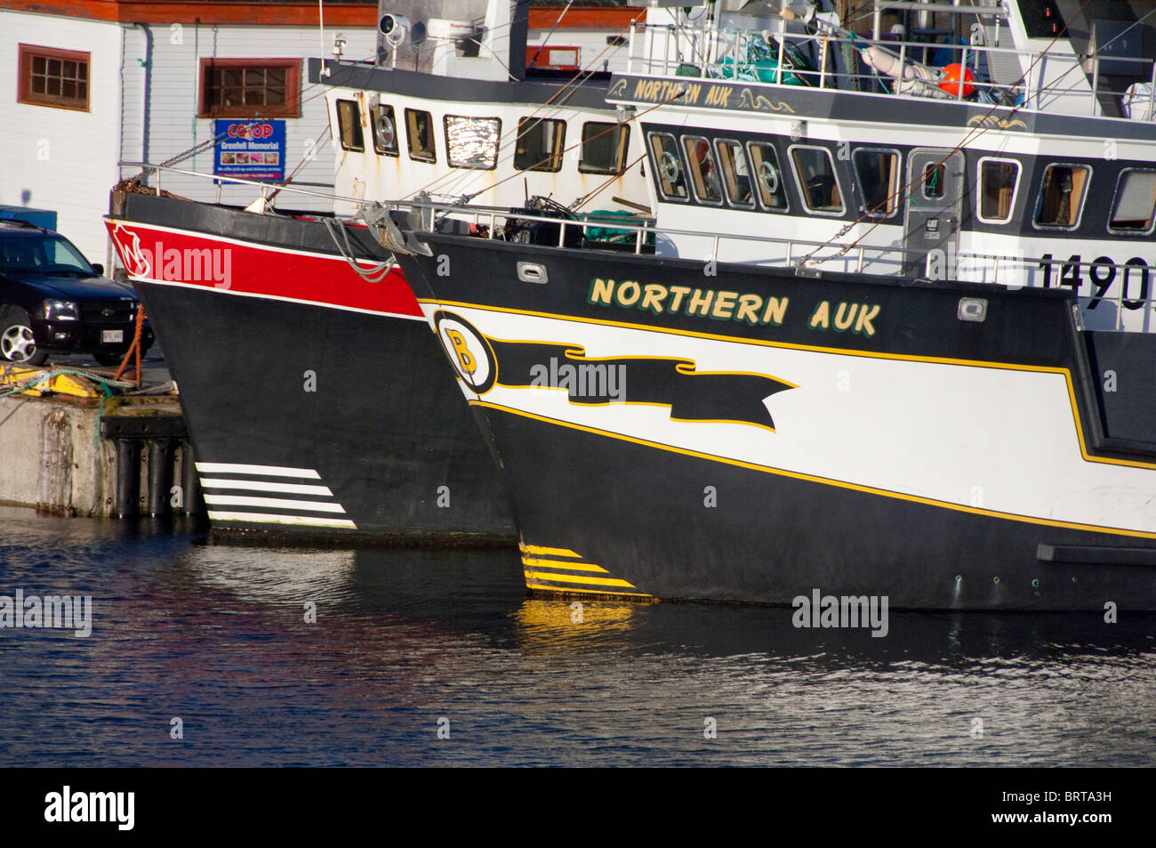 Canada, Terre-Neuve et Labrador, Terre-Neuve, St. Anthony. Vue côtière de bateaux de pêche dans le port de Saint Antoine. Banque D'Images