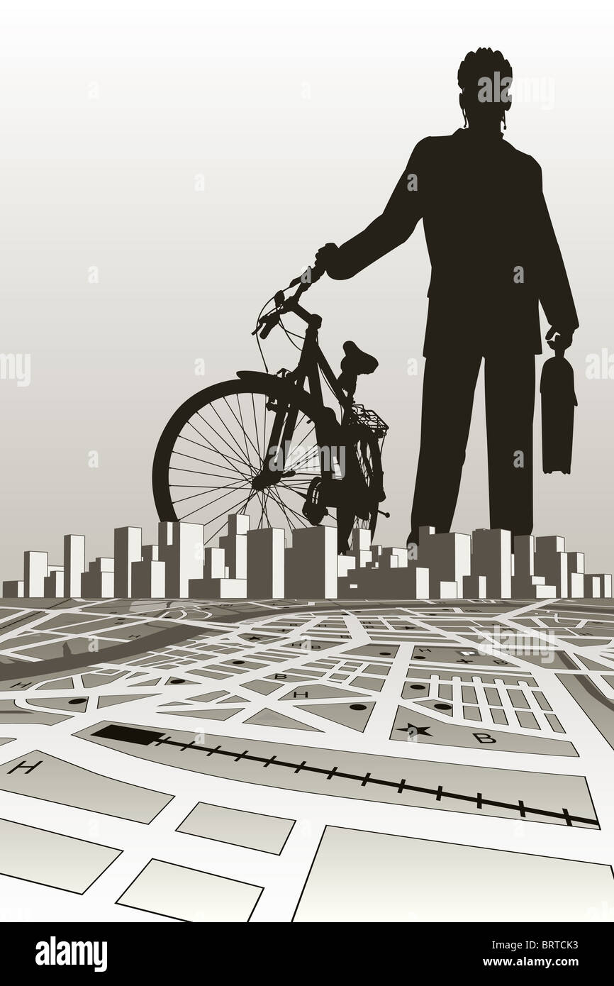 Illustration d'un homme d'affaires et de vélo sur une silhouette city Banque D'Images