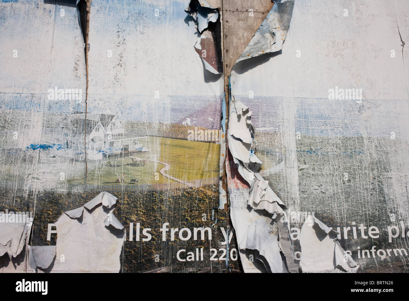 Paysage dystopique dans l'épluchage des feuilles près de 2012 panneaux publicitaires site de construction du Parc olympique de Stratford. Banque D'Images