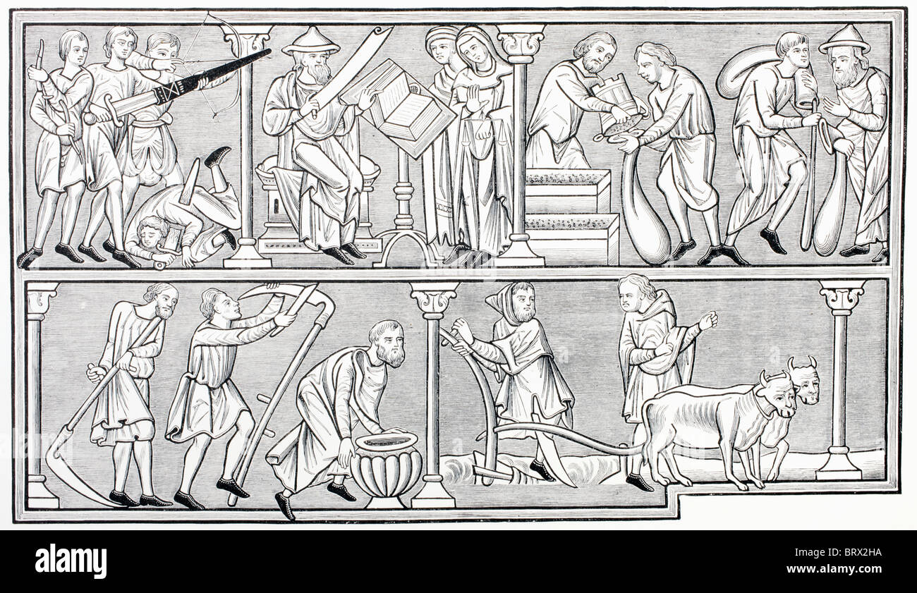 Les travaux de la guerre, la science, le commerce et l'agriculture. Après une miniature dans un 13ème siècle psautier. Banque D'Images