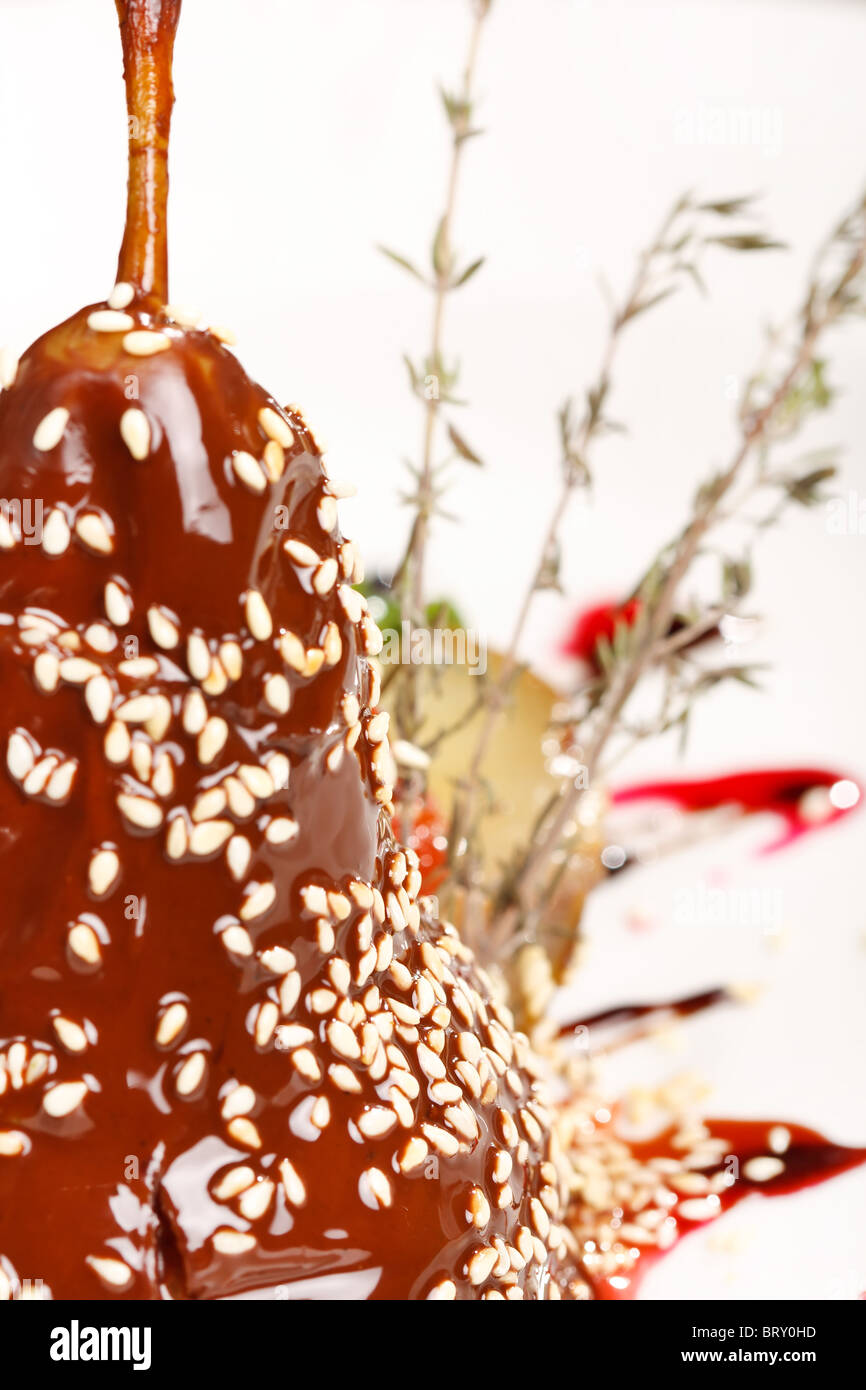 Poires au chocolat en dessert avec Banque D'Images