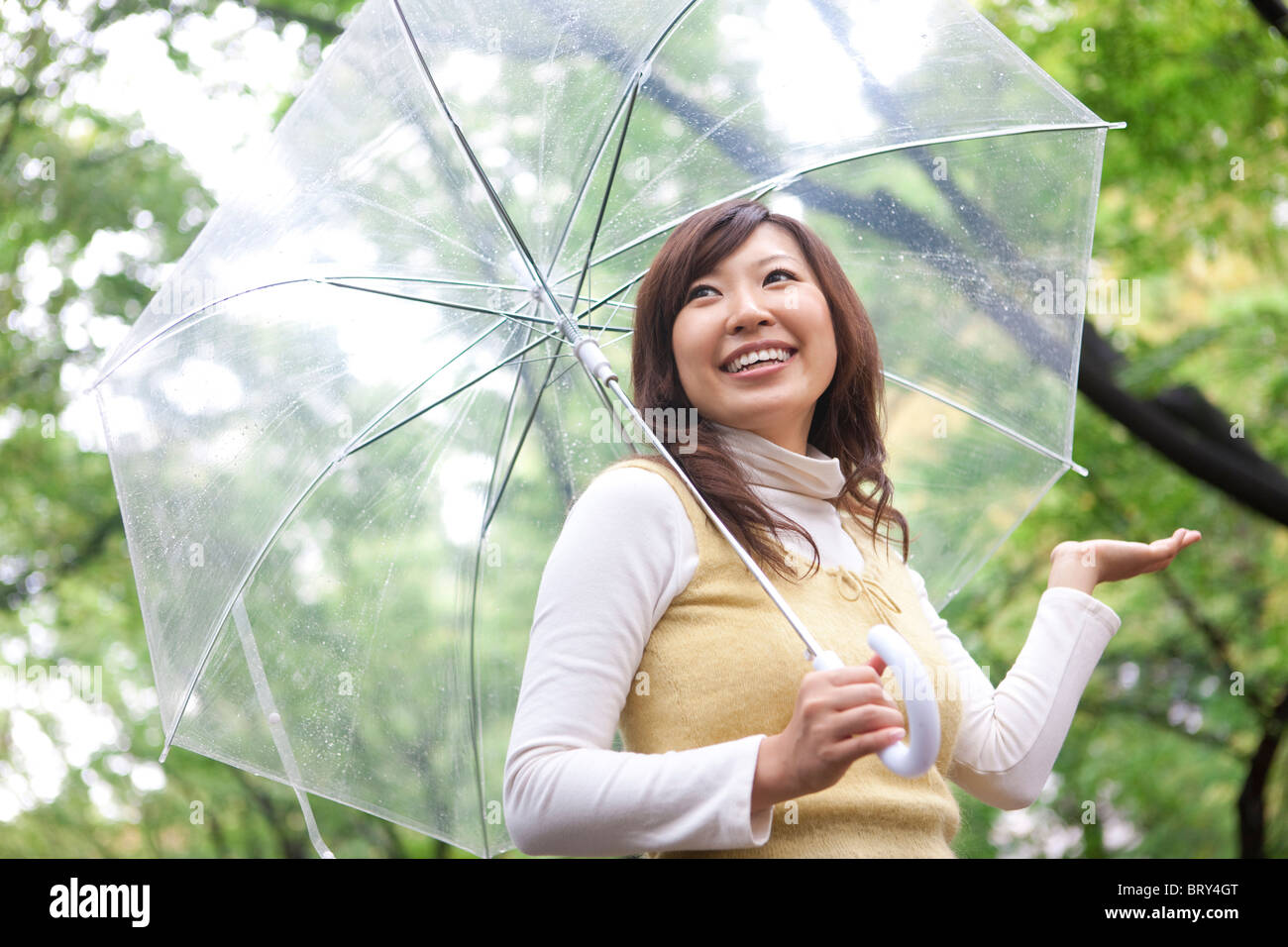 Jeune femme avec parapluie, smiling Banque D'Images
