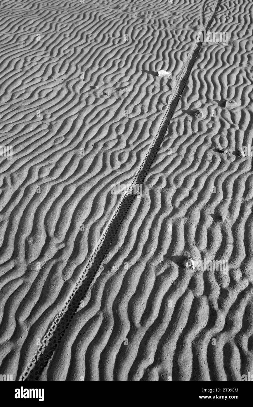 Des traces de pneus de vélo sur le sable de la plage Banque D'Images