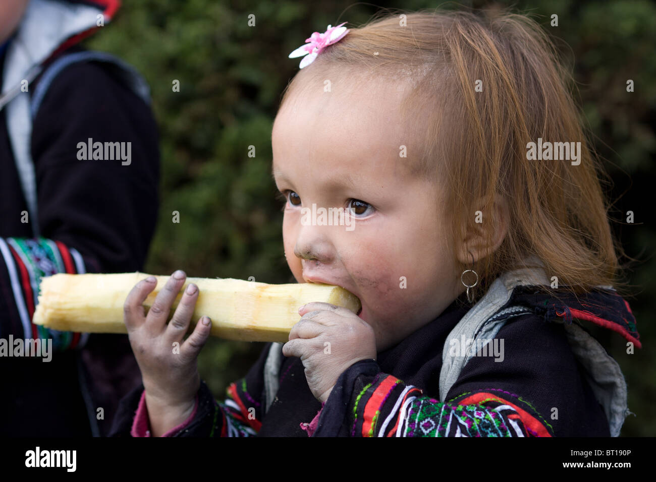 Cheveux blonds jeunes H'Mong noir fille jouit d'un morceau de sucre de canne pendant le Têt Banque D'Images