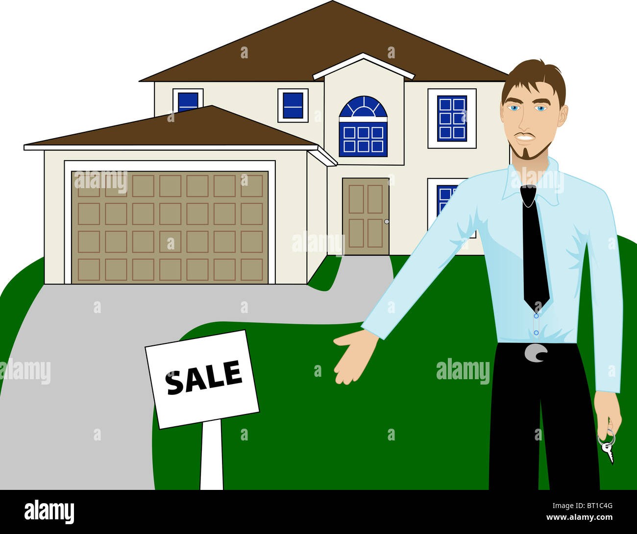 Vector Illustration. Un agent immobilier avec des clefs publicité une maison à vendre. La version 4 de 6. Banque D'Images