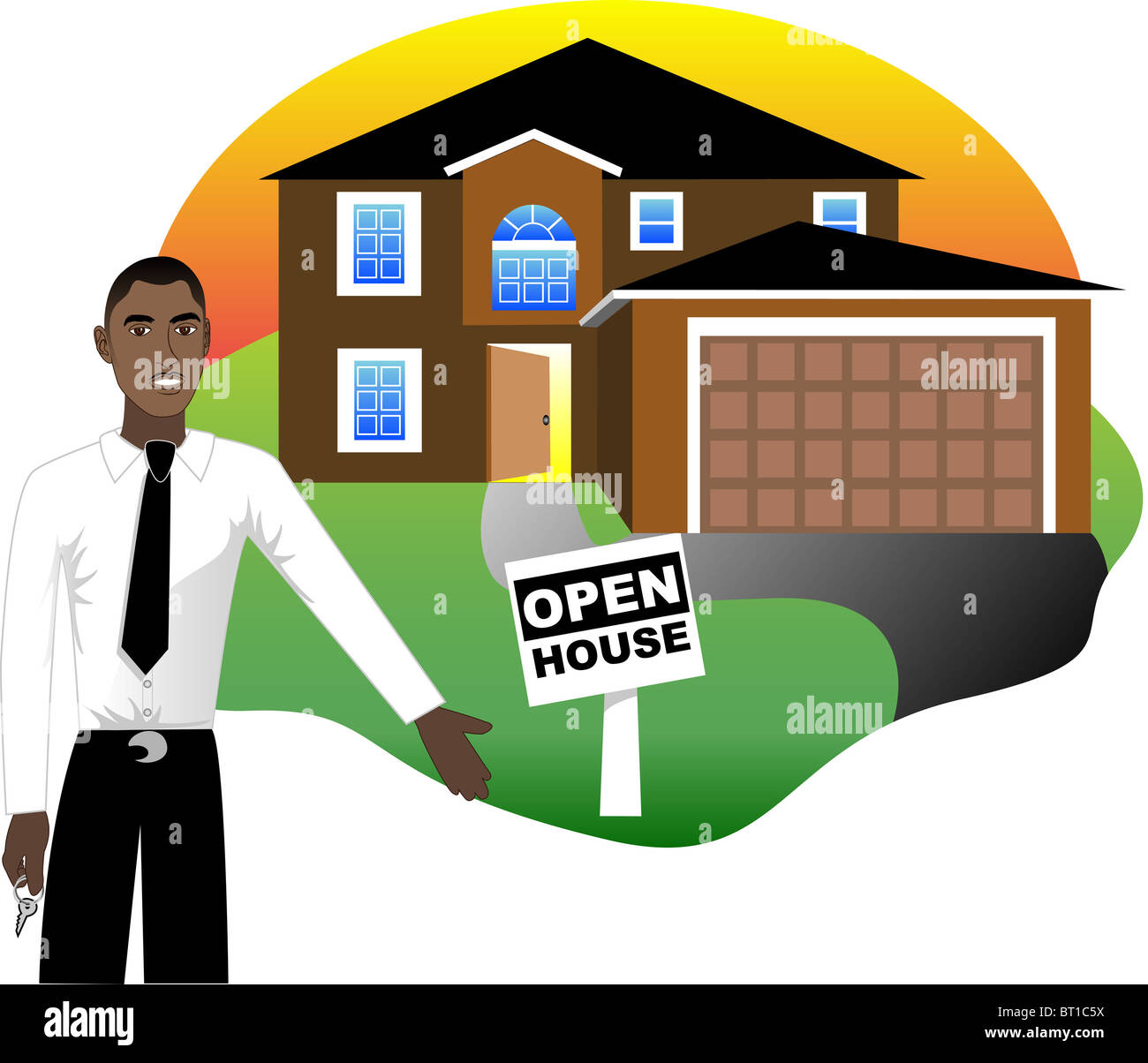 Vector Illustration. Un agent immobilier avec des clés de l'annonce d'un affichage des portes ouvertes. La version 4 de 6. Banque D'Images