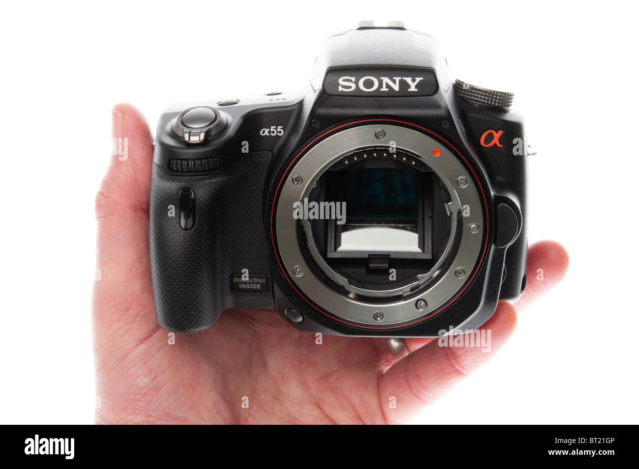 Sony Alpha 55 objectif unique numérique appareil photo Translucide' lancé  Octobre 2010 - Tenu dans la main Photo Stock - Alamy