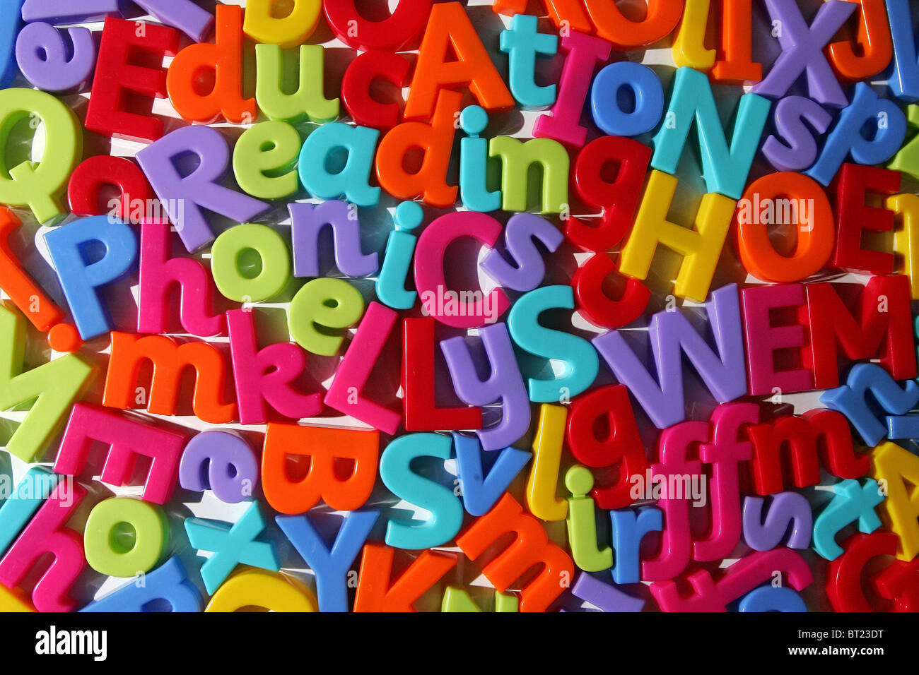 Lettres magnétiques colorés l'orthographe des mots de l'éducation, la lecture, l'étude des sons photo par James Boardman. Banque D'Images