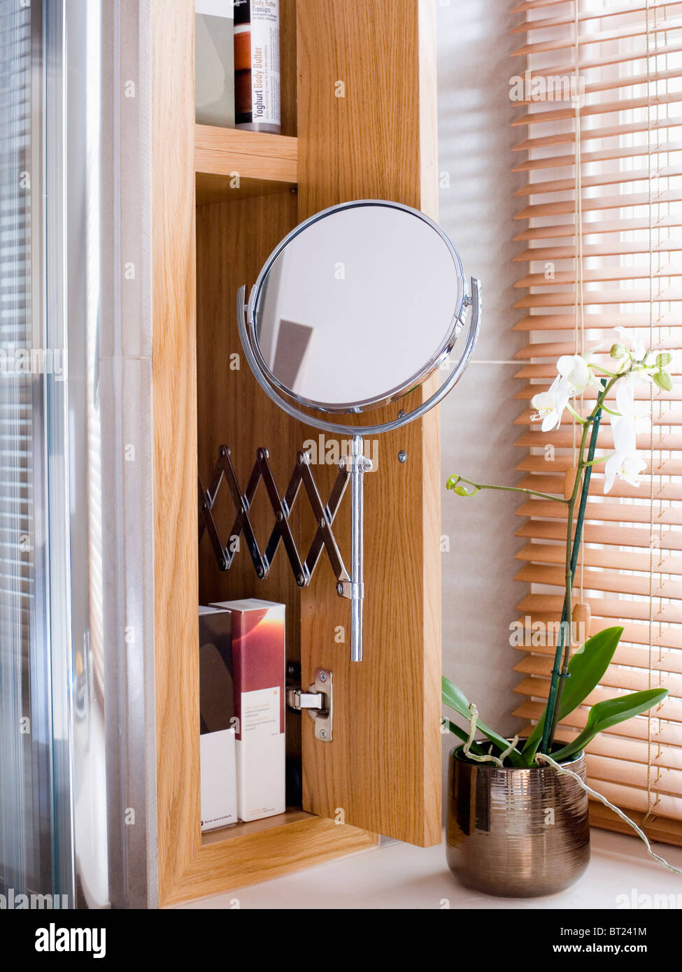 Close-up de petit miroir escamotable dans le placard de rangement étroit à  côté d'orchidées en pot dans la salle de bains moderne Photo Stock - Alamy