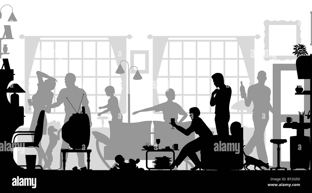 Silhouette d'avant-plan d'une réunion de famille dans un salon Banque D'Images
