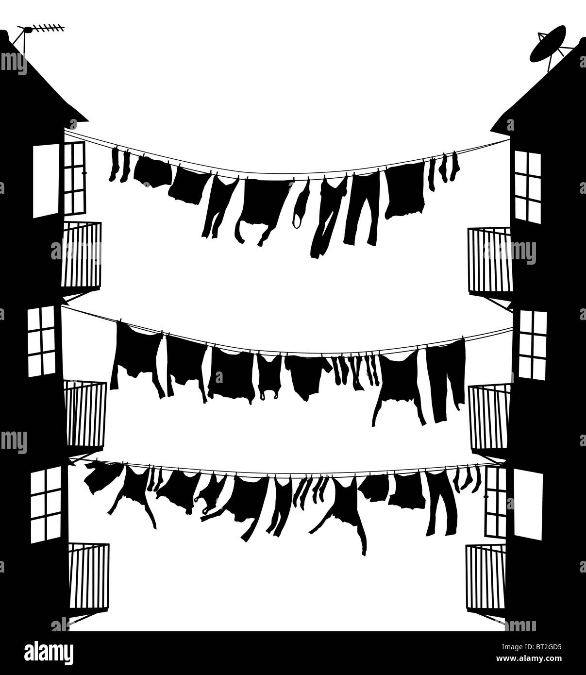 L'Illustre silhouette du lave-suspendu entre maisons dans une ruelle Banque D'Images