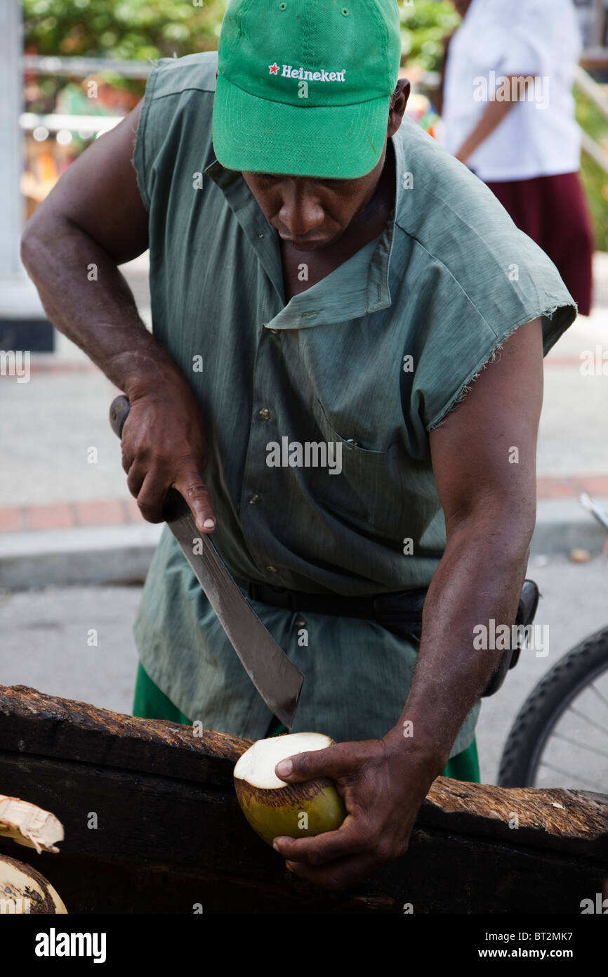 L'homme de couper des noix de coco pour vendre le lait d'une brouette, Bridgetown, Barbade Banque D'Images