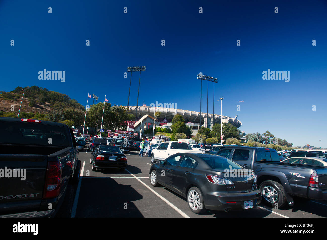 Parking avec vue générale de Candlestick Park, San Francisco, Californie, États-Unis d'Amérique. Banque D'Images