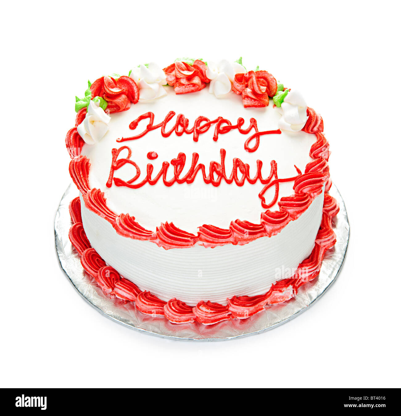 Anniversaire gâteau avec glaçage blanc et rouge isolated on white Banque D'Images
