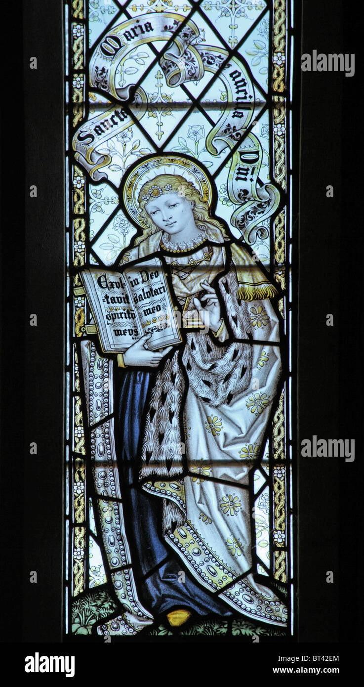 Vitrail par C E Kempe & Co, la Vierge Marie lors de la Crucifixion, St John the Baptist Church, à l'Est vers le bas, Devon Banque D'Images
