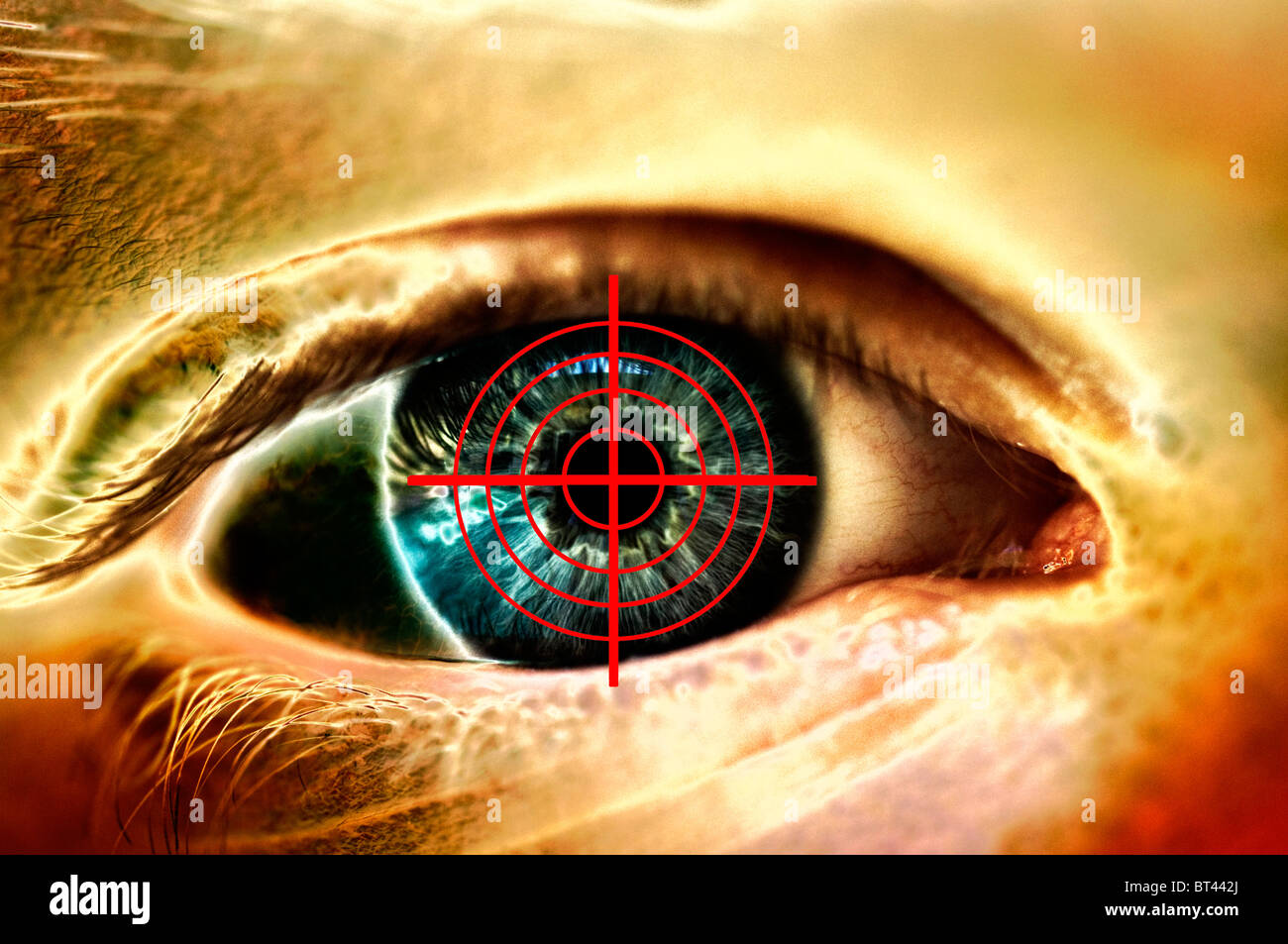 Vue rapprochée de l'œil humain avec la vue des armes à feu les réticules Banque D'Images