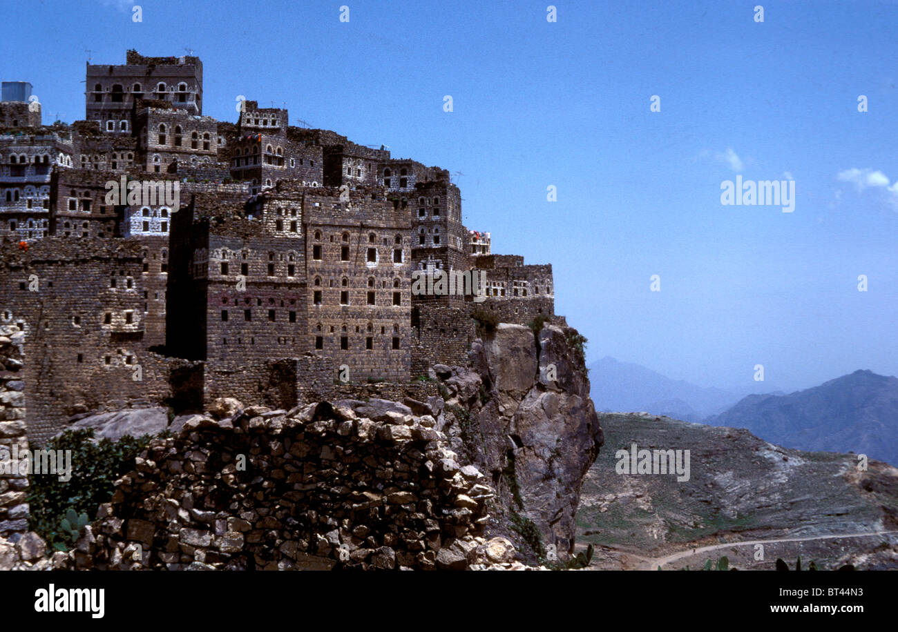 Maisons de montagne à al-Hajjarah Yémen, 1980 Banque D'Images
