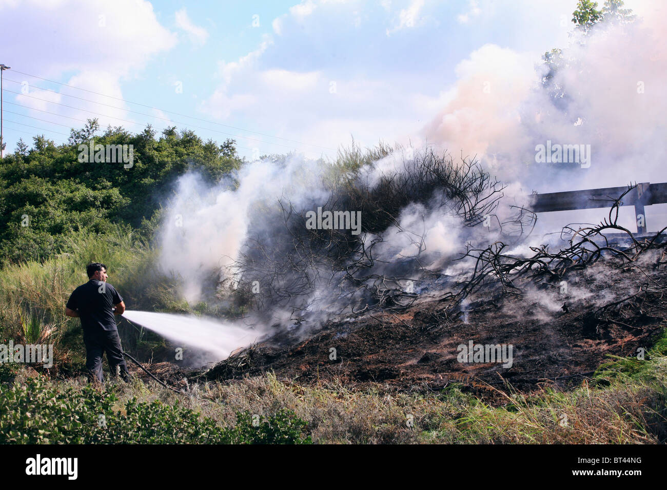 Fire fighter lutter contre les flammes d'un feu de brousse Banque D'Images