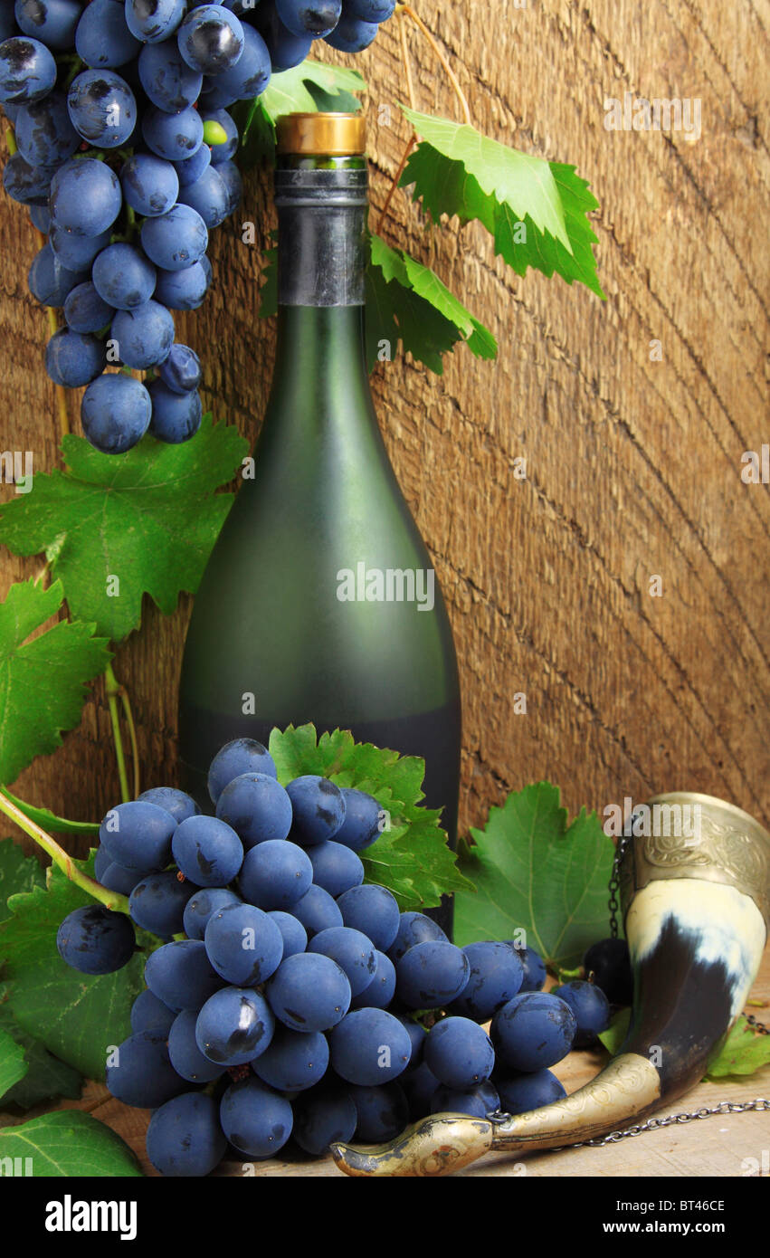 Still Life - une bouteille, boire de l'horn et grappe de raisins Banque D'Images