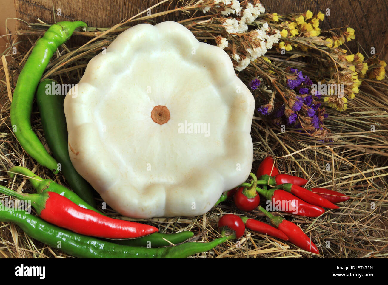 Nature morte aux légumes - pattypan le squash et le piment Banque D'Images