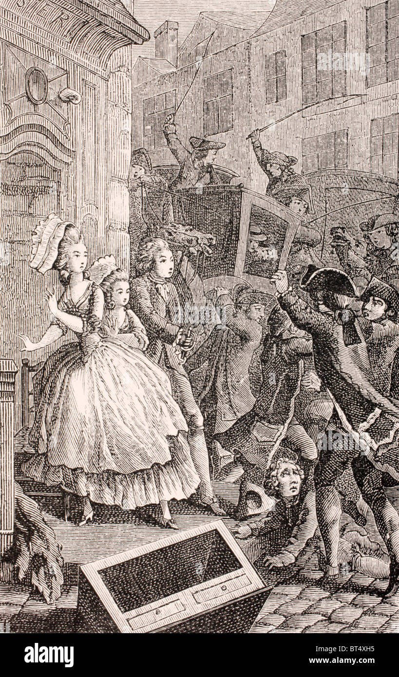 Une bagarre de rue à Paris au xviiie siècle. À partir de la XVIII siecle Institutions, usages et Costumes, Paris publié en 1875. Banque D'Images