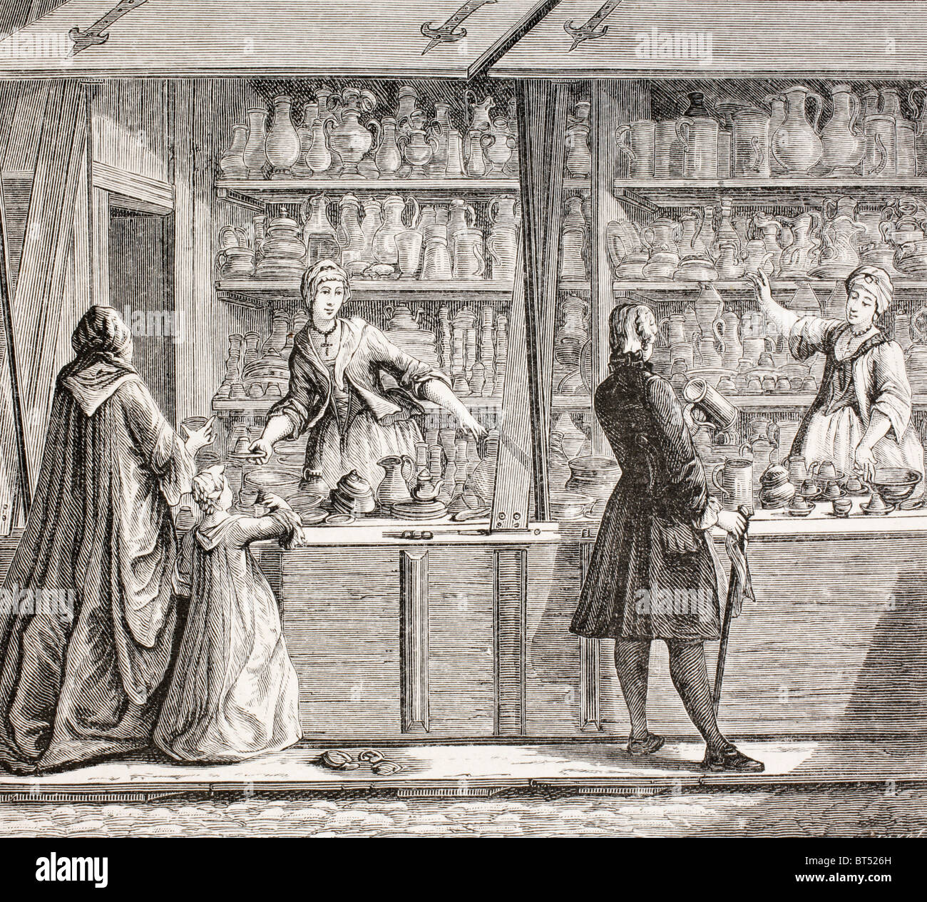 Une boutique qui vend des poteries et étain ware à Paris, en France, au cours du 18e siècle. Banque D'Images