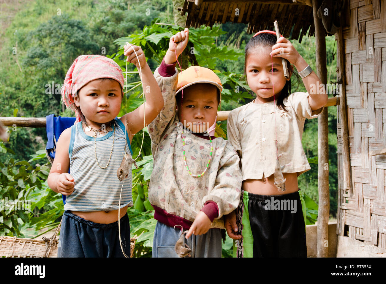 Trois enfants en situation minoritaire dans le nord du Laos montrer leurs jouets - mice Banque D'Images