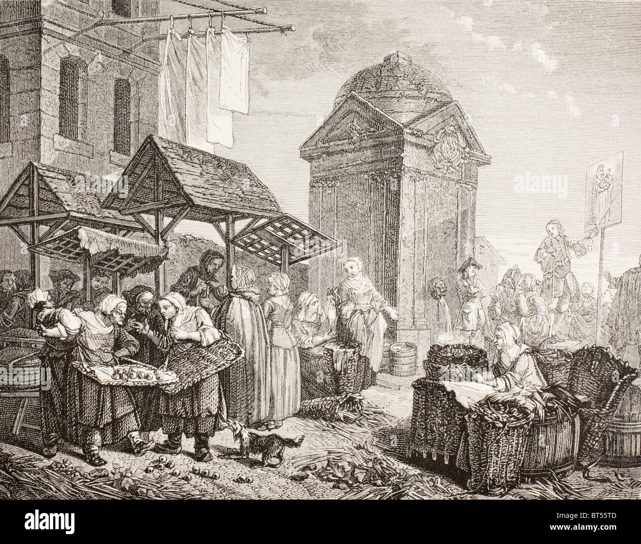 Le marché de la place Maubert, à Paris dans le 18e siècle. Banque D'Images