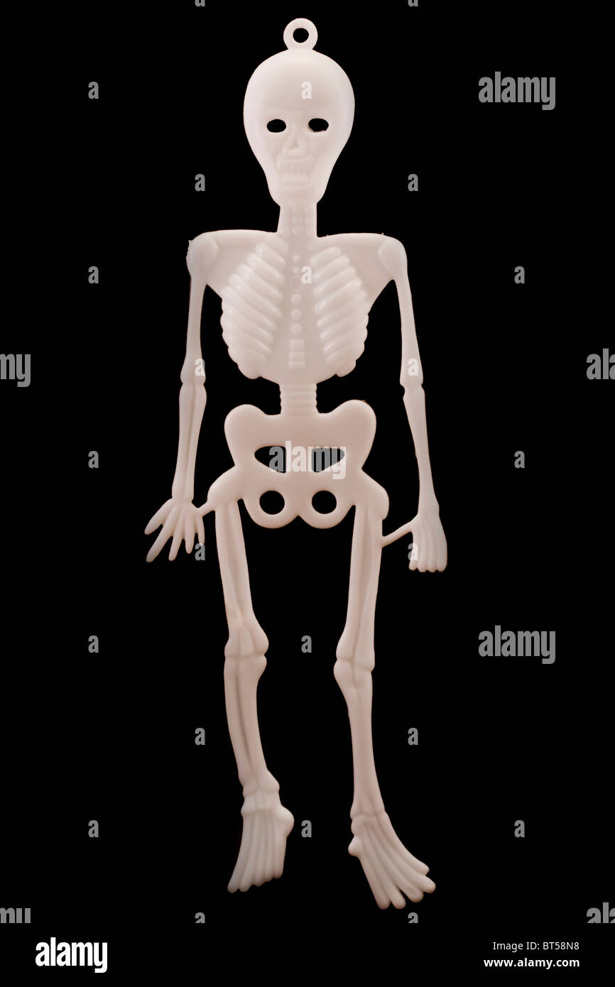 Squelette en plastique blanc sur noir isolé Banque D'Images