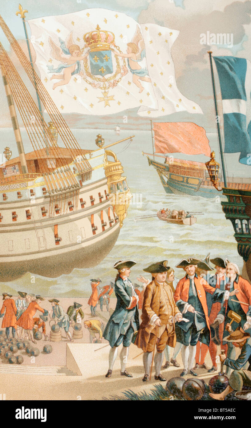 Le drapeau royal de France en survolant un navire de la marine française du 18e siècle. Banque D'Images