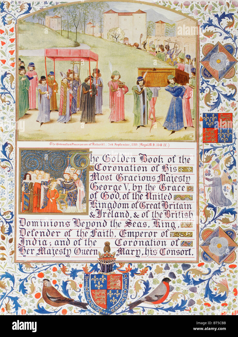 Page décorative du Livre d'or du couronnement du roi George V et de sa consort Reine Marie. Banque D'Images