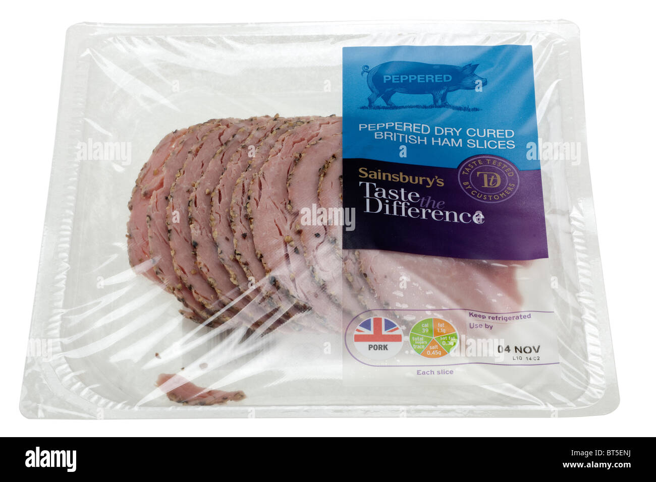 Sainsburys goûtez la différence poivrée salaison à sec en tranches de jambon, dans un paquet scellé cellophane Banque D'Images Sainsburys goûtez la différence poivrée salaison à sec en tranches de jambon, dans un paquet scellé cellophane Banque D'Images