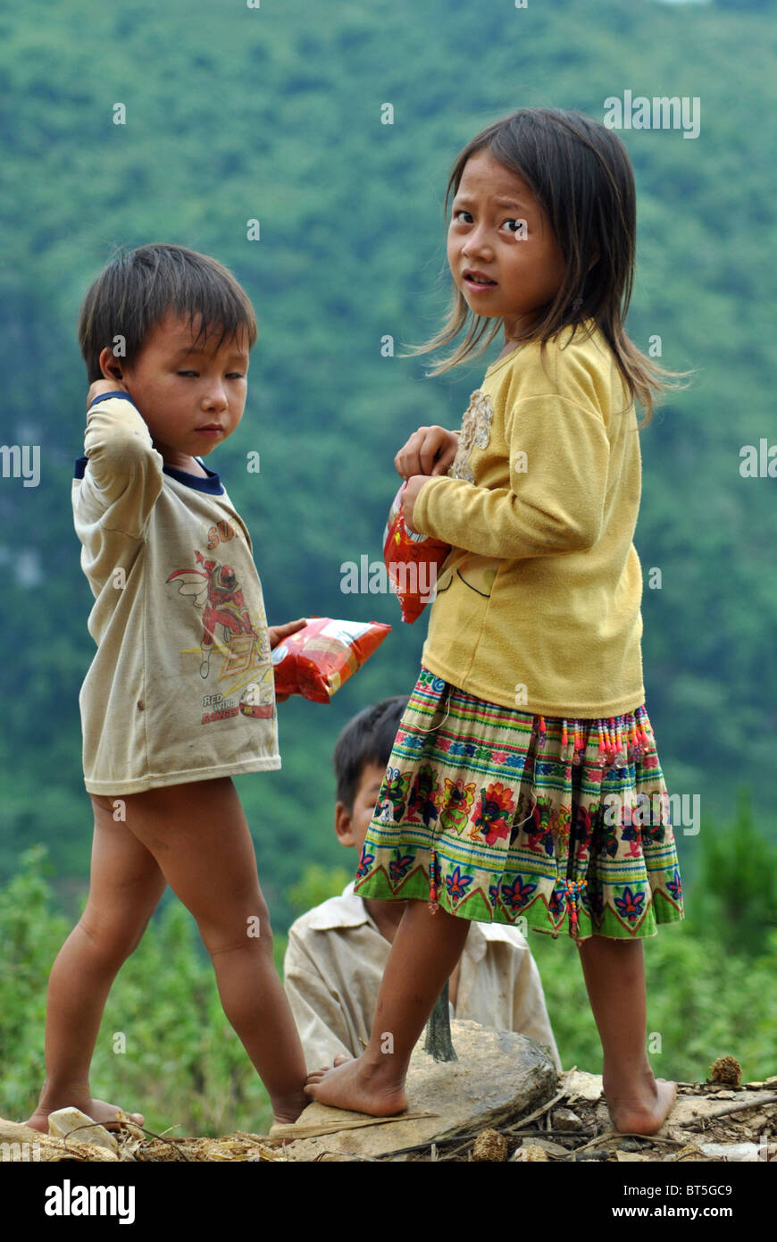 Flower Hmong Tribal frère et sœur près de Sapa, Vietnam Banque D'Images