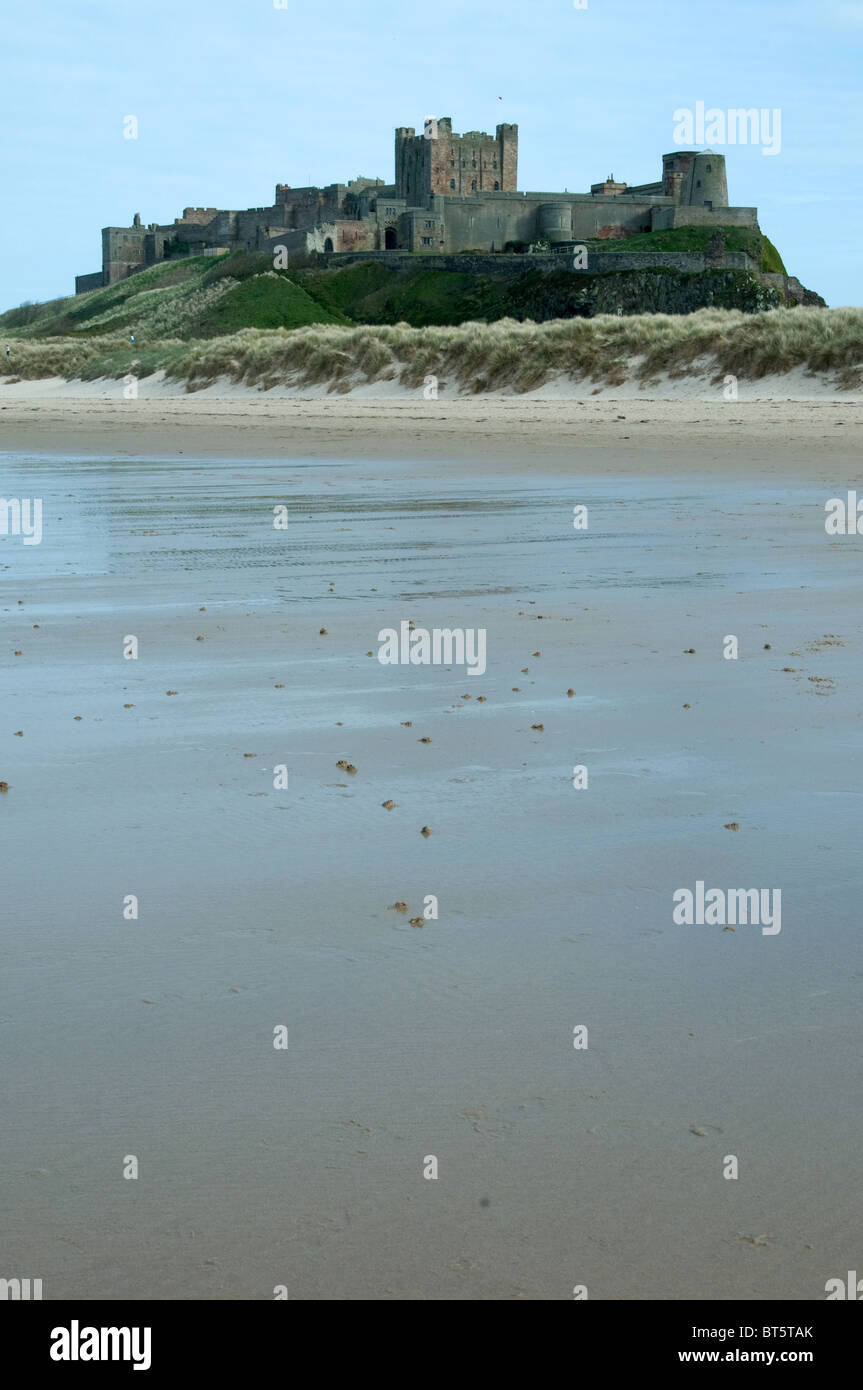 Château de Bamburgh summer Royaume-uni GB Royaume-Uni Grande-Bretagne Angleterre anglaise ancienne, l'architecture, bamburgh, plage, grand, bleu, t0 Banque D'Images