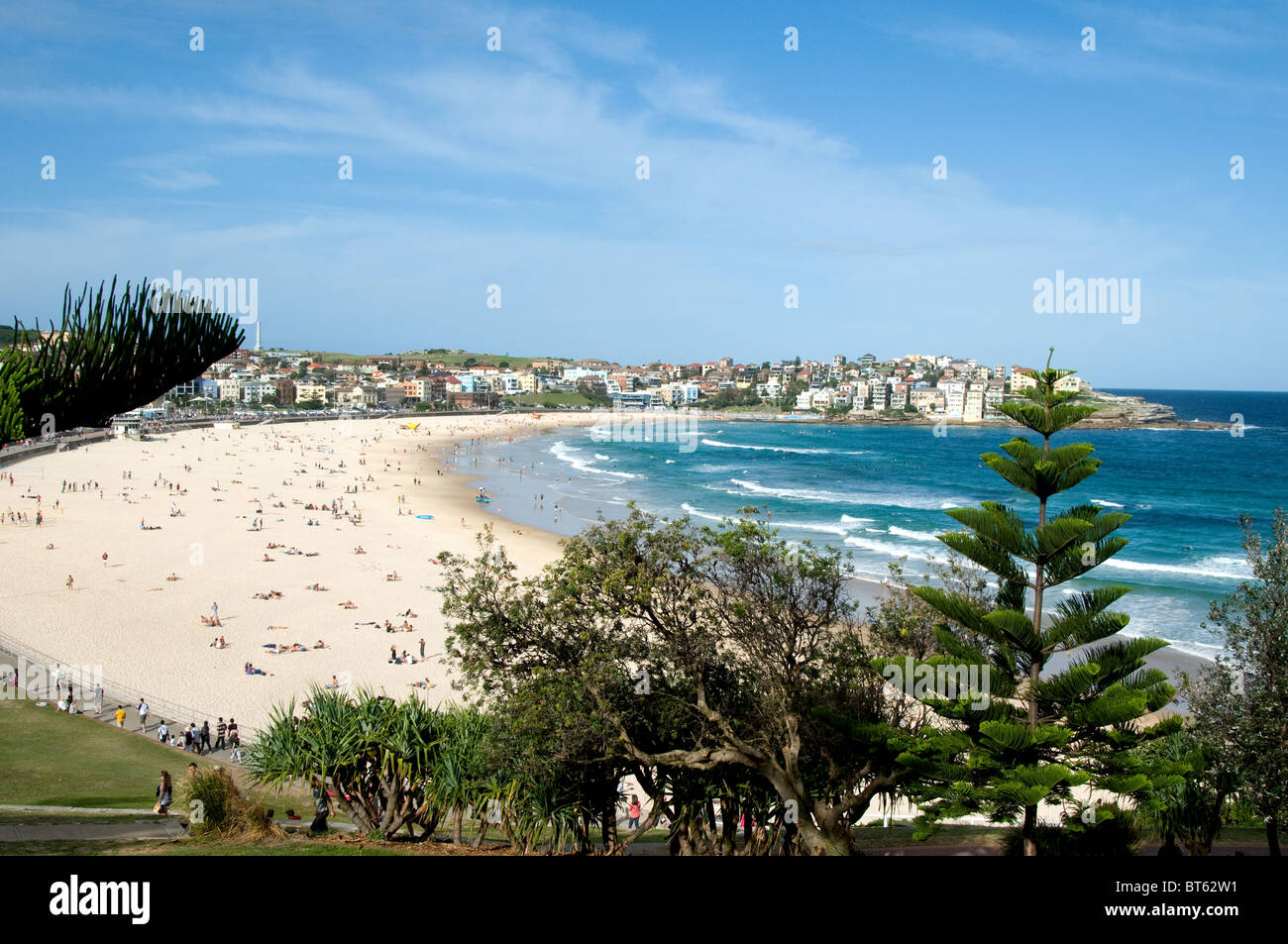 Bondi Beach Sydney Australie aussie surfeur surf blue sea wave board walking out big wet suit journée ensoleillée, ciel bleu, sable de bain de soleil Banque D'Images