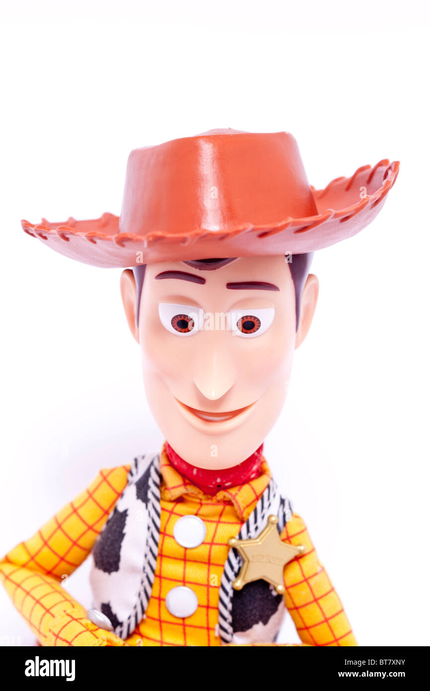 Une photo d'un jouet d'enfant du caractère boisé films Toy Story sur un fond blanc. Banque D'Images