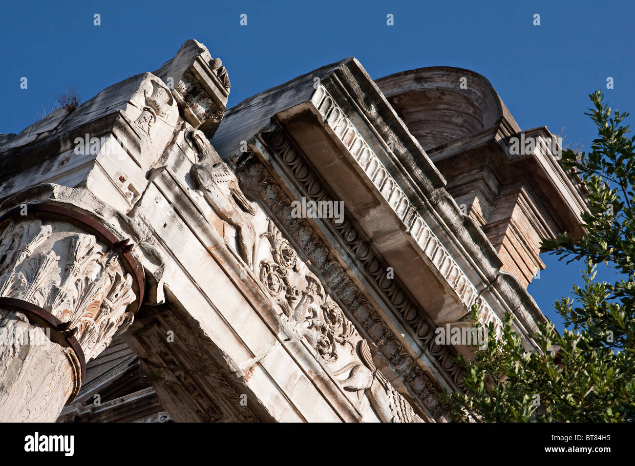 Les colonnes d'un temple dans le Forum romain avec marbre sculpté corith capital. Rome, Italie Banque D'Images