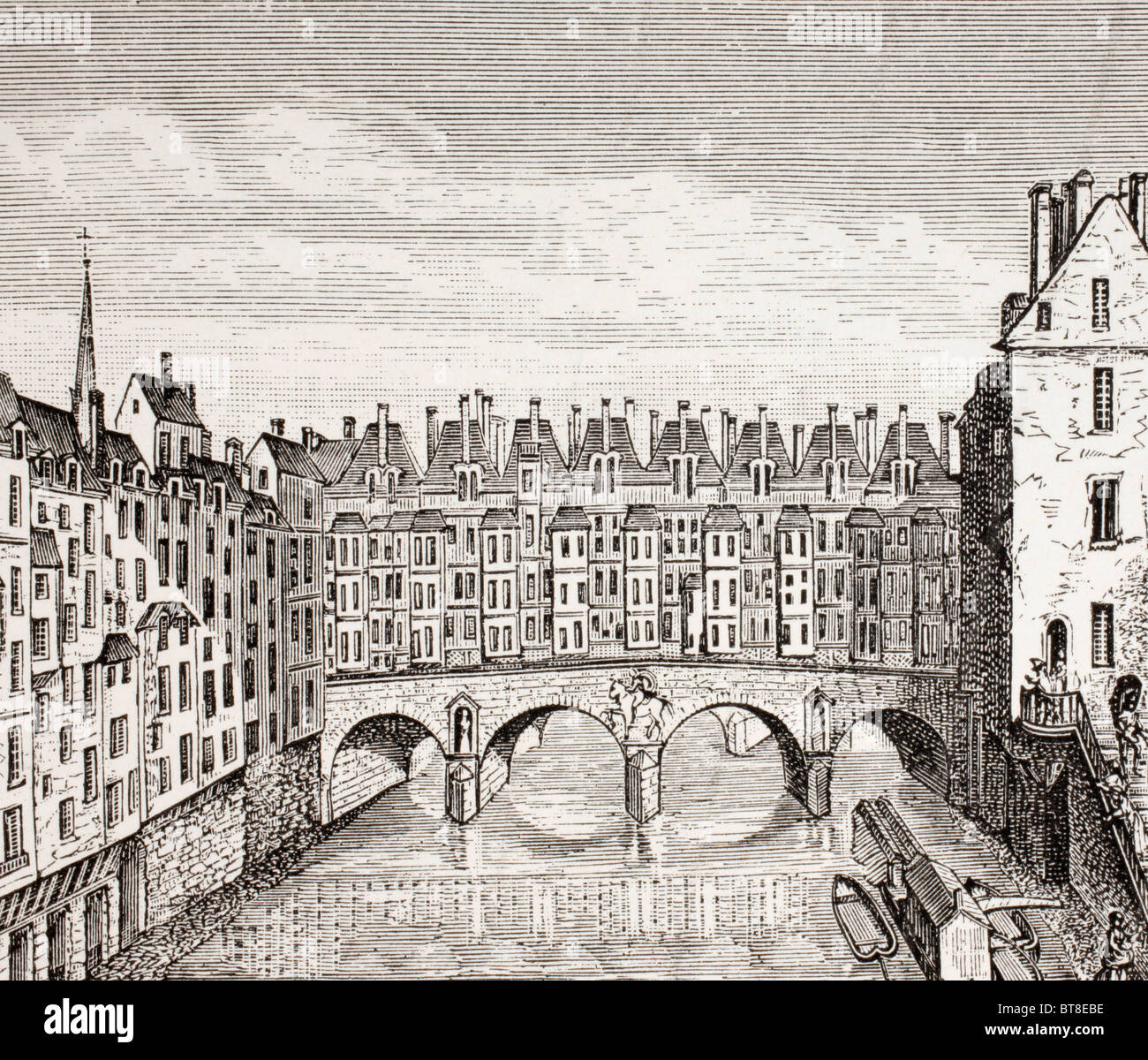 Maisons sur le pont Saint-Michel, Paris, dans le 18e siècle. Banque D'Images