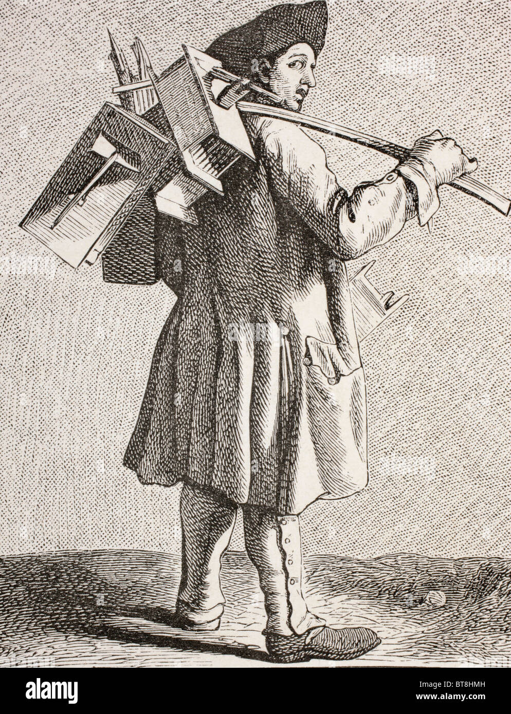 Un rat catcher avec ses pièges au 18e siècle Paris. Banque D'Images