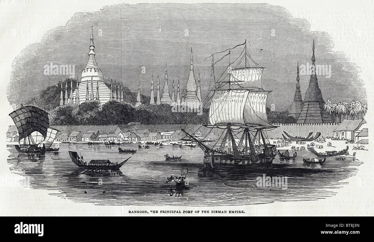 Port de Rangoon Birmanie gravure datée du 6 décembre 1845 Banque D'Images