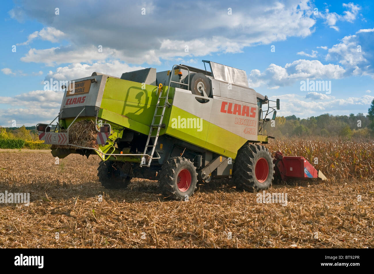 Rendmt Lexion moissonneuse-batteuse Claas 450 coupe / Maïs récolte Maïs doux - Indre-et-Loire, France. Banque D'Images