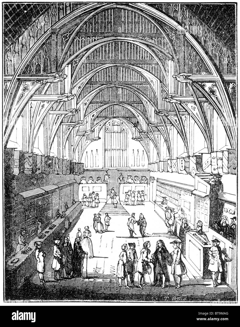 Westminster Hall avec ses boutiques à partir d'une gravure du 18ème siècle ; noir et blanc Illustration tirée du livre de William Hone au quotidien. Banque D'Images