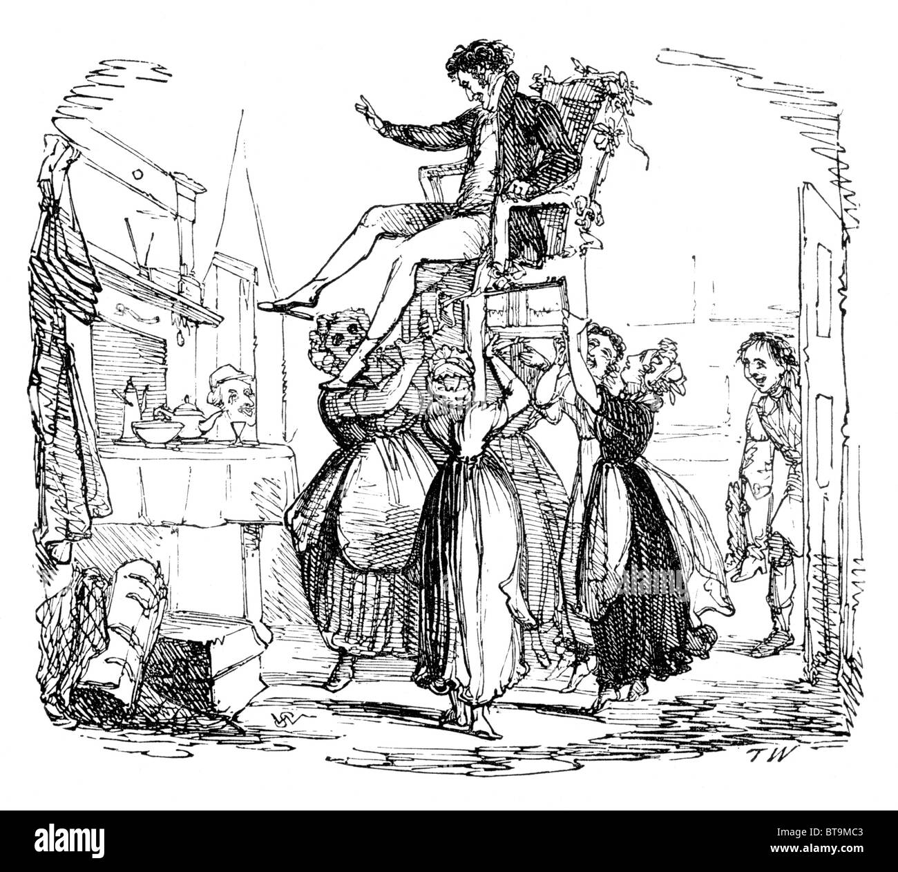 L'anglais de 'Personnalisé' ou 'gonflement' levage ; noir et blanc Illustration de William Hone's livre tous les jours Banque D'Images