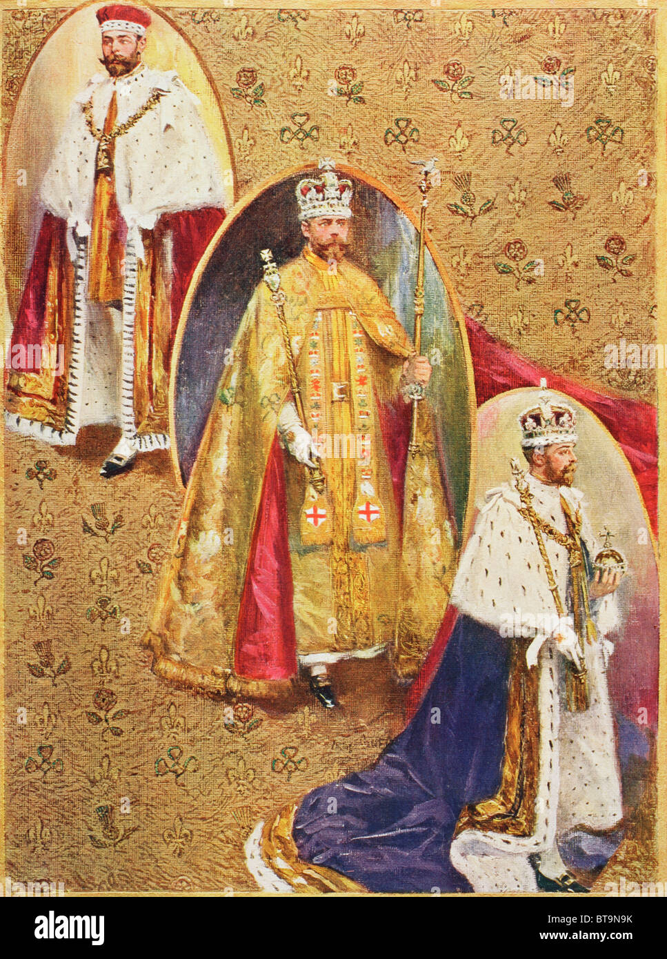 Le roi George V dans les trois robes portées lors de la cérémonie du couronnement à l'abbaye de Westminster. Banque D'Images