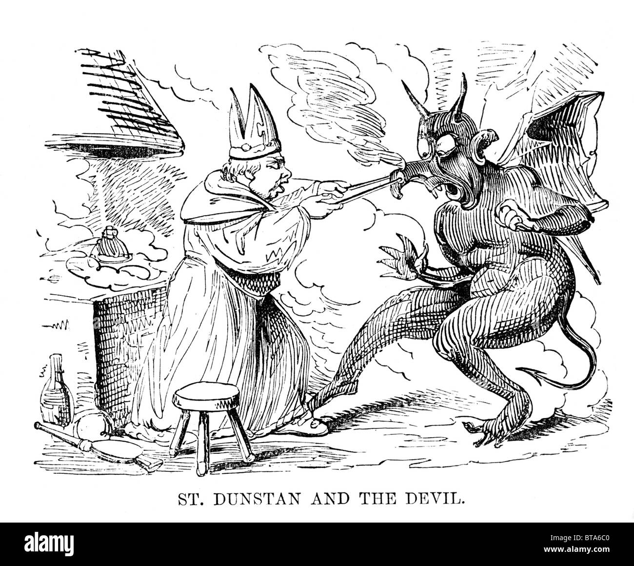 La légende de Saint Dunstan et le diable ; noir et blanc Illustration tirée du livre de William Hone quotidienne Banque D'Images