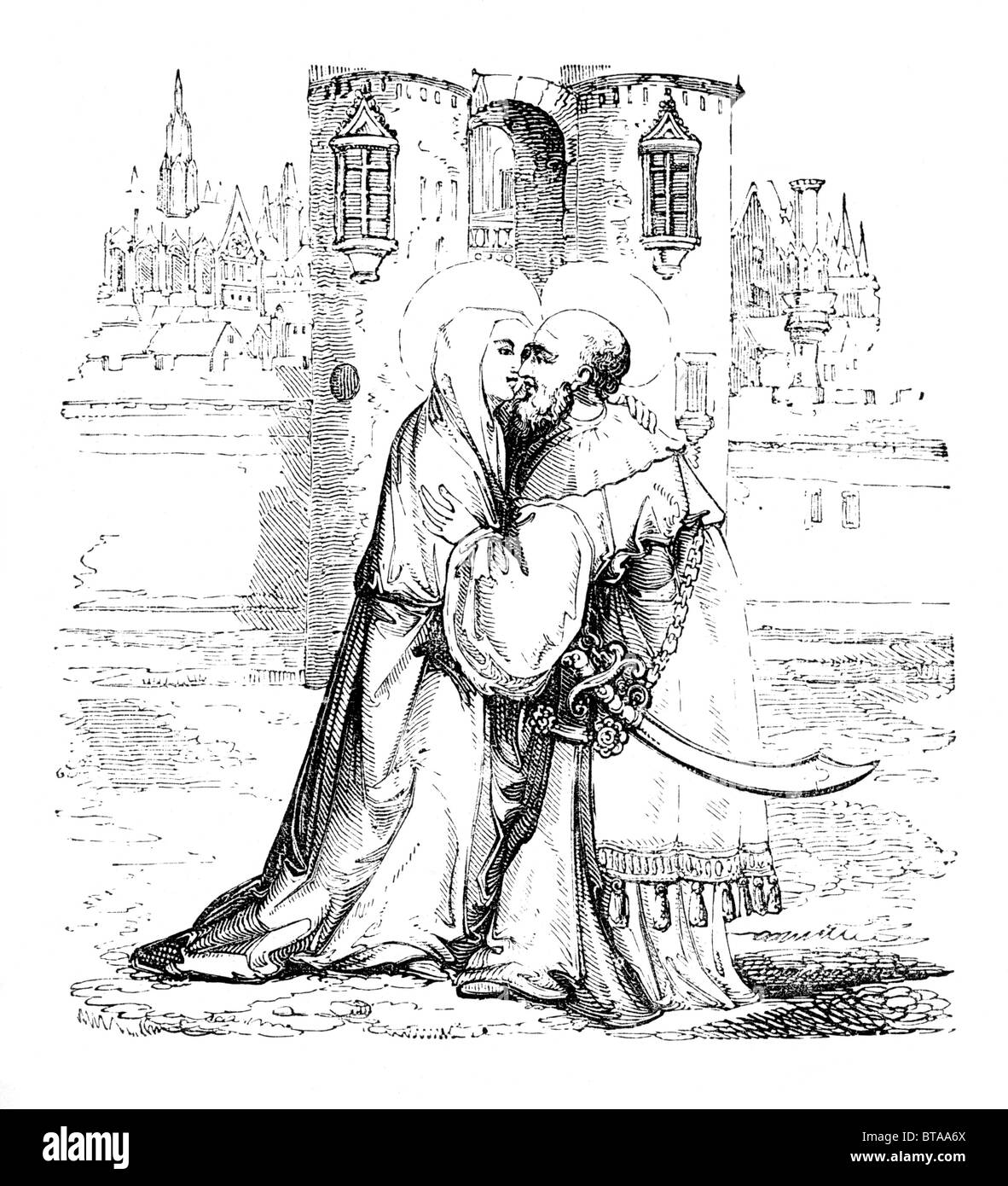 Réunion de St Anne et St Joachim à la Porte Dorée ; noir et blanc Illustration tirée du livre de William Hone quotidienne Banque D'Images
