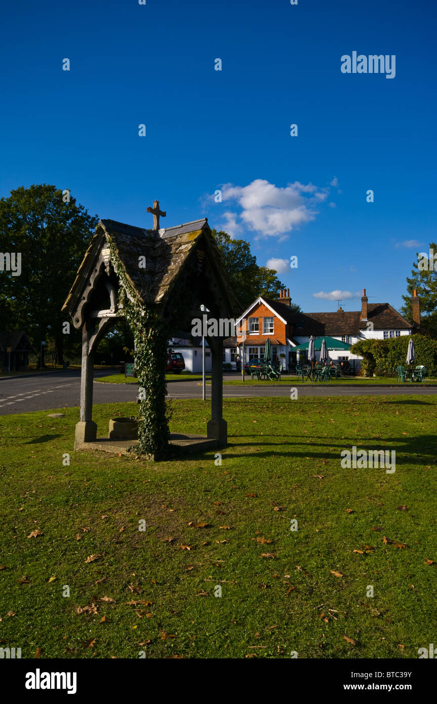 Le vieux village sur la pompe Leigh vert avec la charrue à l'arrière-plan Pub Surrey England Banque D'Images