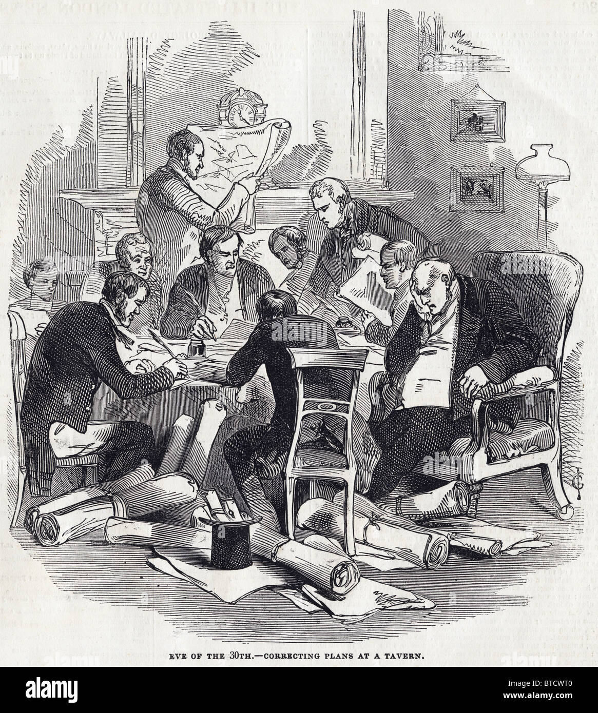 Les développeurs travaillant sur les plans de fer dans tavern sur eve 30 novembre 1845 avant de le livrer aux bureaux de la Chambre de commerce à Whitehall Banque D'Images